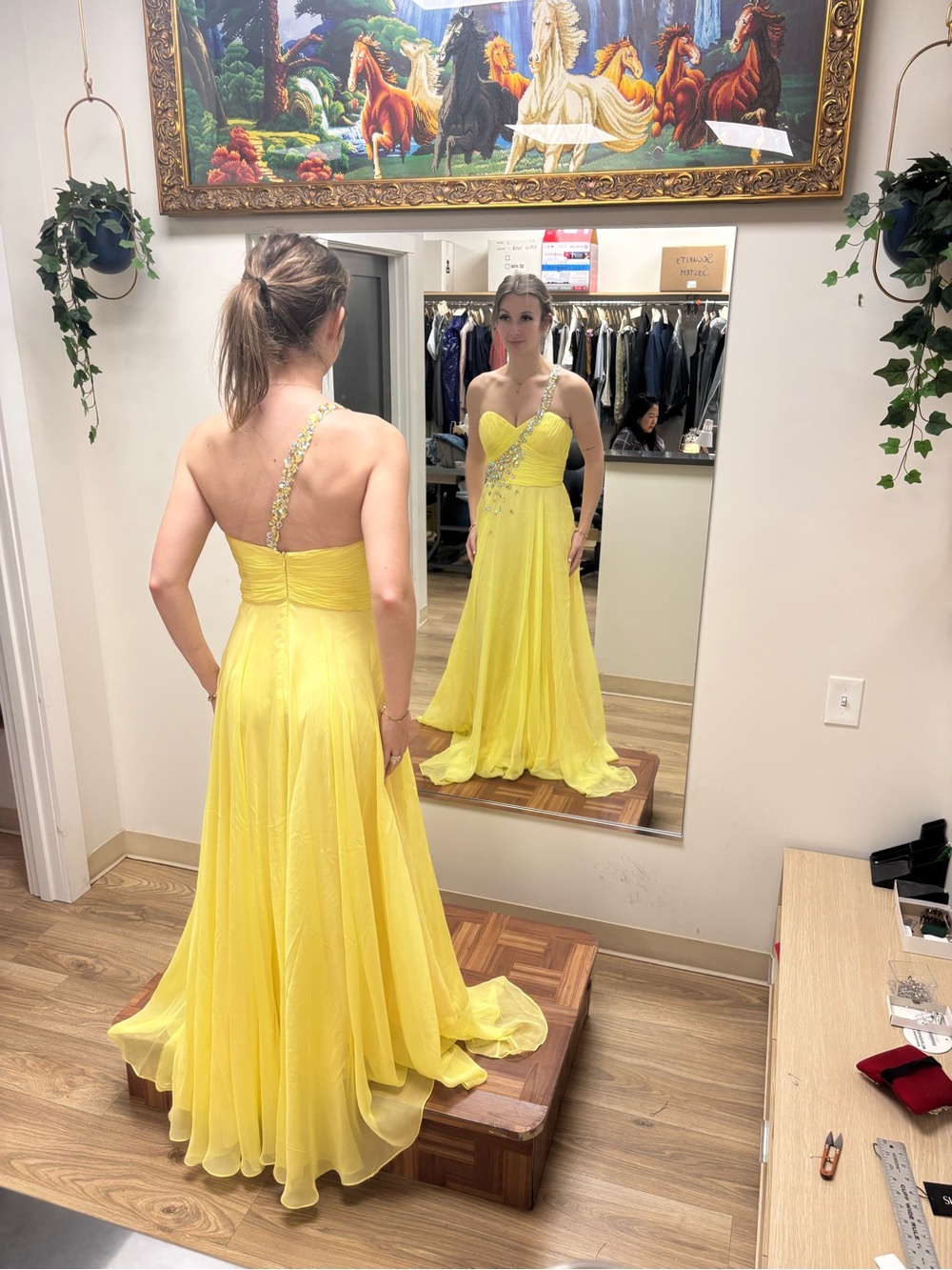 Yellow One-Shoulder Evening Gown with Beaded Accent